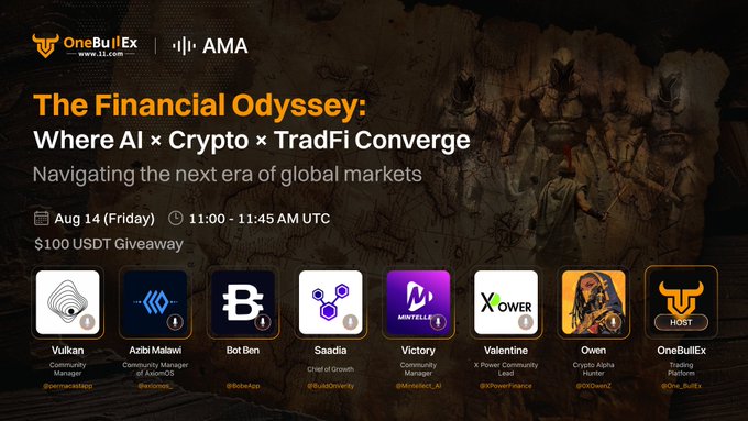 A promotional graphic for OneBullEx's Twitter/X Space AMA titled "The Financial Odyssey: Where AI × Crypto × TradFi Converge," scheduled for August 14 (Friday) at 11:00-11:45 AM UTC, featuring a $100 USDT giveaway. The image showcases the host (OneBullEx) alongside seven guest speakers including Vulcan, Azibi Malawi, Bot Ben, Saadia, Victory, Valentine, and Owen, all displayed against a dark warrior-themed background.