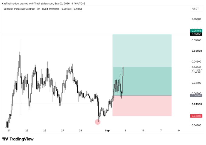 A TradingView chart of SEI/USDT Perpetual Contract on Bybit (2-hour timeframe) showing a long position setup with entry marked by a pink circle near 0.04388 USDT, a stop loss at 0.04681 (AMZLOZL), take profit at 0.05158, and a highlighted green shaded zone indicating potential upside targets as the asset demonstrates notable strength amid broader market weakness.