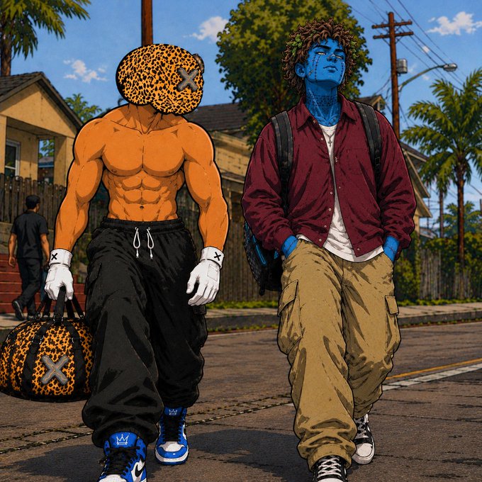 A stylized illustration shows two figures walking down a suburban street: a muscular shirtless figure with an orange leopard-print head and matching duffel bag, alongside a blue-skinned character with curly hair wearing a maroon jacket.