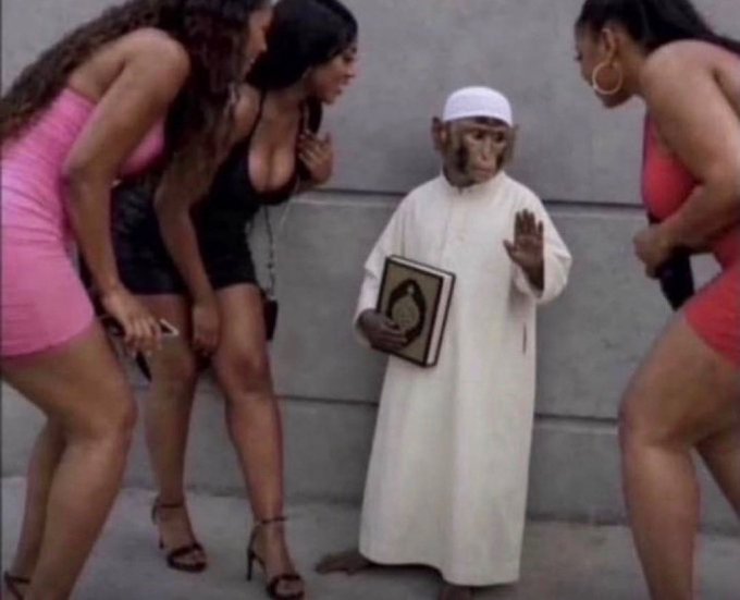 A monkey dressed in white Islamic robes and a cap, holding a Quran, stands surrounded by three women in tight pink and black dresses on a concrete background.