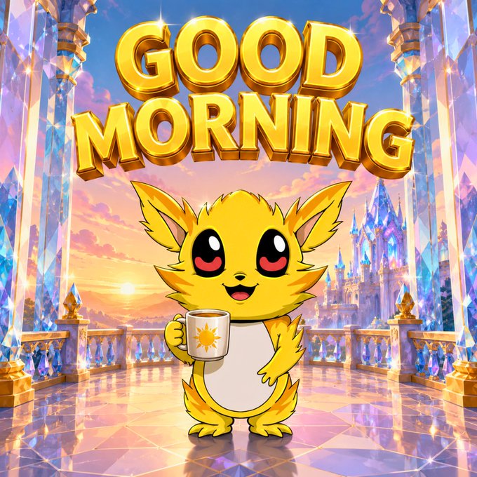A bright "GOOD MORNING" banner in bold gold letters arches above a cheerful yellow fox-like mascot holding a sun-themed coffee mug, set against a sparkling crystalline palace at sunrise. The image reinforces the post's cheerful "GM" vibe while promoting the "Companeons" NFT drop and its accompanying giveaway.