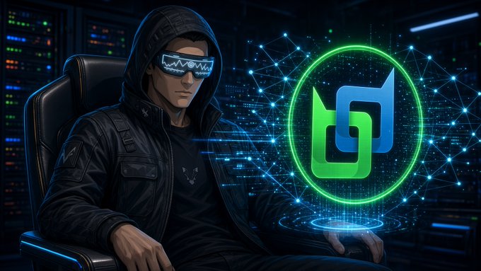 A digital illustration of a hooded figure wearing tech-style sunglasses sitting in a gaming chair, with a glowing green circular logo displaying interconnected letter shapes floating beside them against a dark technological background.