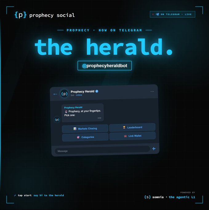 A promotional graphic for 'prophecy social' introducing 'the herald.' bot (@prophecyheraldbot) on Telegram, showing menu options like Markets Closing, Leaderboard, Categories, and Link Wallet.