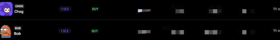 A dark-themed cryptocurrency token list interface showing meme coin entries for 'CHOG Chog' and 'BOB Bob', both with purple 'DEX' tags and green 'BUY' buttons.