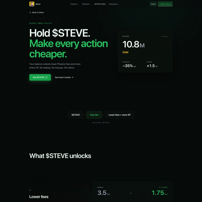 A dark-themed webpage for 'Steve' promotes holding the $STEVE token utility with the headline 'Hold $STEVE. Make every action cheaper.' showing a balance of 10.8M Gold and reduced fees.