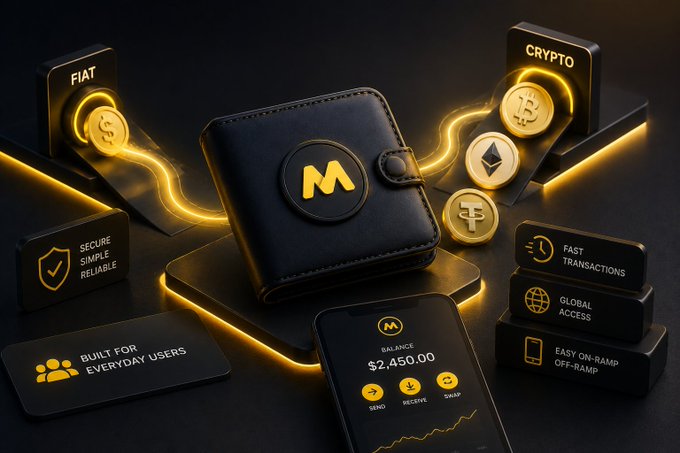 A crypto marketing image showing a black wallet with an 'M' logo, a phone displaying a $2,450.00 balance, and features labeled FIAT, CRYPTO, SECURE SIMPLE RELIABLE, FAST TRANSACTIONS, GLOBAL ACCESS, BUILT FOR EVERYDAY USERS, and EASY ON-RAMP/OFF-RAMP.