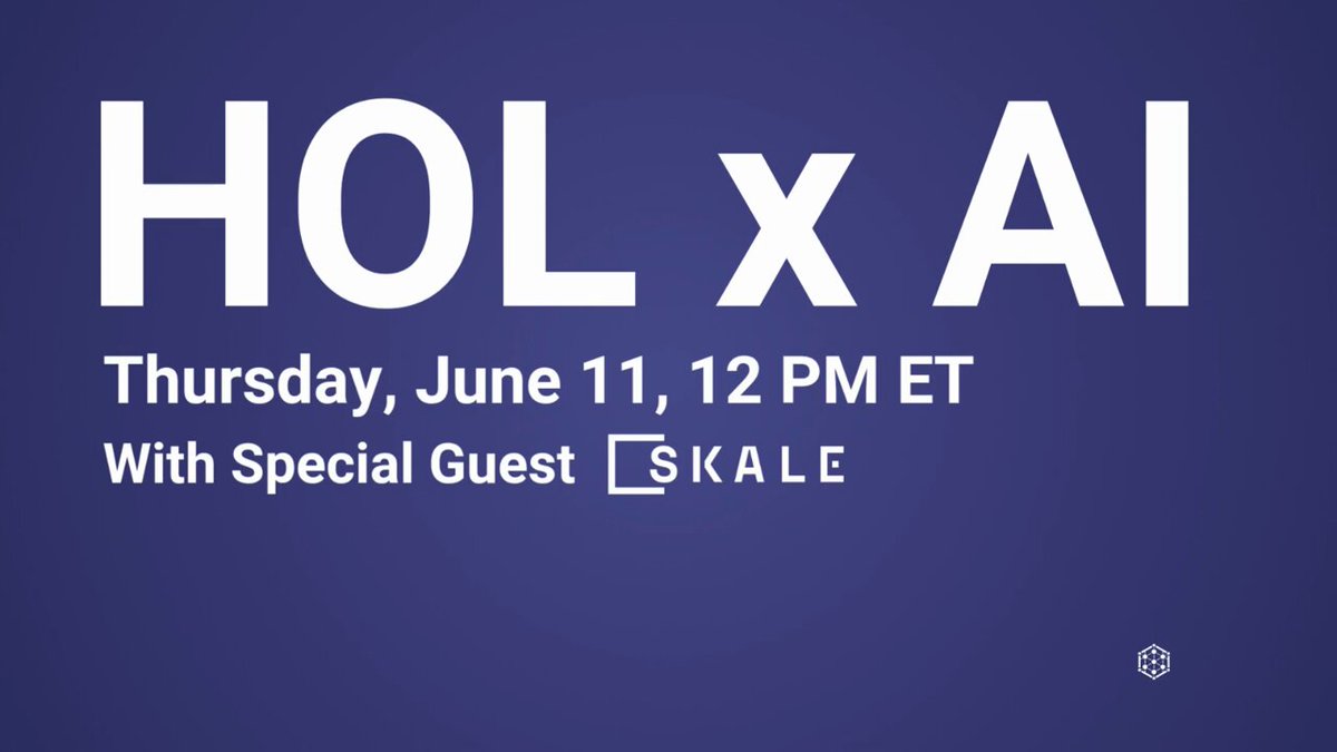 The image features a large blue banner with white text that reads "HOL x AI" at the top of the banner. Below the banner, there are details about an event happening on Thursday, June 11th at 12 PM ET. The event is being attended by a special guest named "SKALE". The post also mentions that it's related to the "HOL x AI" event and encourages viewers to join in for more information or to attend the event themselves.