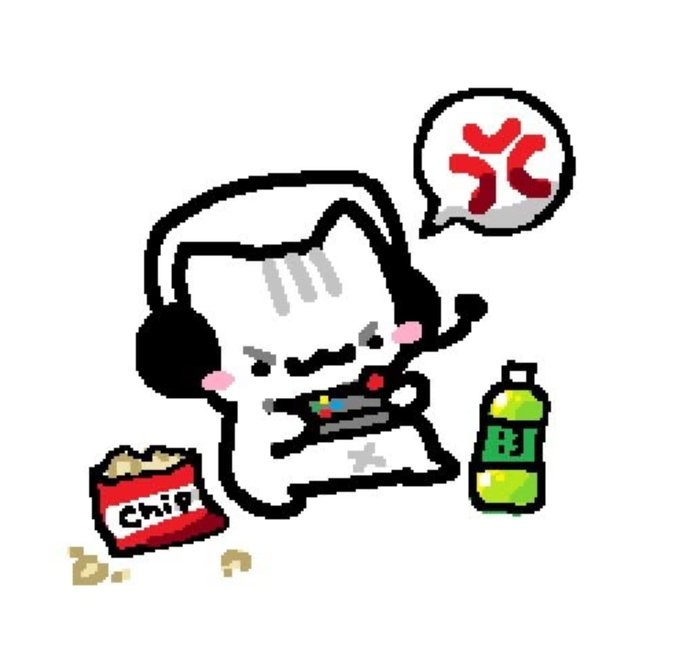 A cartoon character wearing headphones reacts angrily while holding a controller, surrounded by snack and drink items.