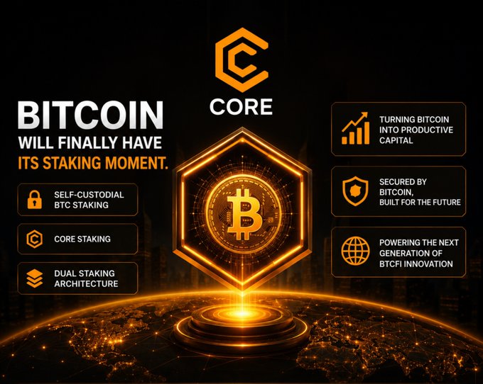 The image is a promotional graphic for Core (Coredao_Org) featuring a glowing Bitcoin symbol within a hexagonal Core logo, set against a futuristic golden cityscape backdrop. Key text highlights include "BITCOIN WILL HAVE ITS STAKING MOMENT," "CORE STAKING," "DUAL STAKING ARCHITECTURE," "SELF-CUSTODIAL BTC STAKING," and taglines about "Turning Bitcoin into productive capital" and "Powering the next generation of BTCFi innovation," directly illustrating the post's message about Core's role in advancing Bitcoin staking.