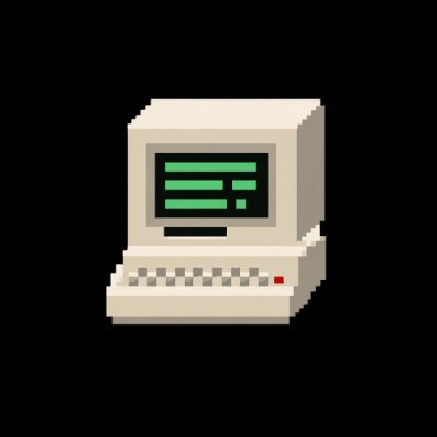 A pixel art illustration of a vintage desktop computer with a beige monitor and keyboard against a black background.