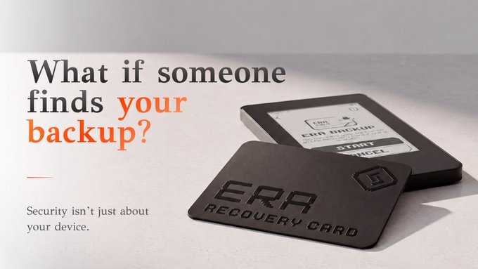 Era Recovery Card advertisement asking 'What if someone finds your backup?' featuring a metal crypto backup device and card.