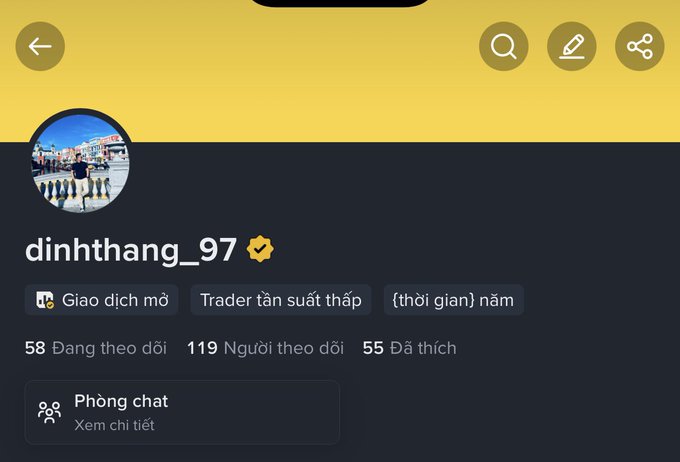 A social media profile page for user 'dinhthang_97' showing 58 following, 119 followers, and 55 likes, with bio tags 'Giao dịch mở', 'Trader tần suất thấp', and '{thời gian} năm'.