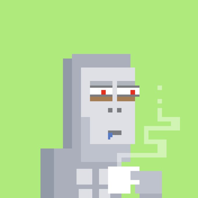 Pixel art of a gray figure with bloodshot red eyes and blue drool, smoking a cigarette against a bright green background.