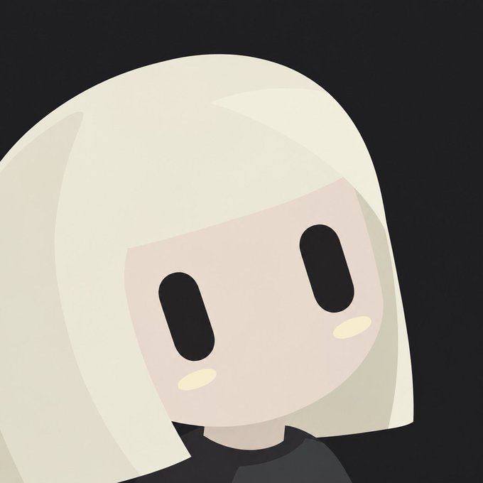A minimalist cartoon illustration of a character with long white hair and black oval eyes wearing a dark top against a black background.