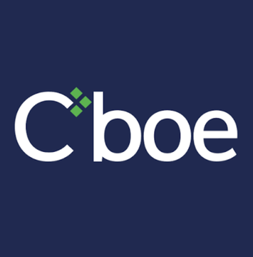 The image shows the Cboe logo in white and green text on a dark blue background, representing Cboe Global Markets, the company whose BZX Exchange has filed with the SEC to list 3x daily leveraged bitcoin and ether ETFs, along with similar commodity funds.