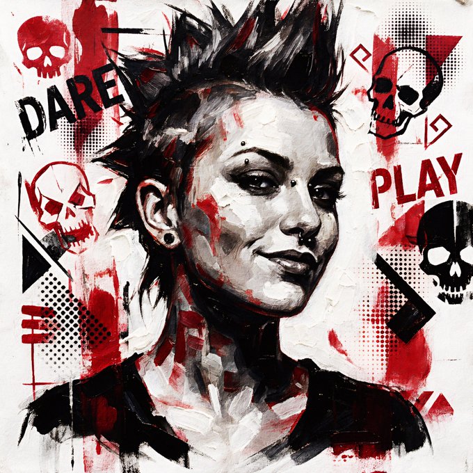 A bold punk-style digital painting featuring a smirking figure with spiky hair and facial piercings, surrounded by red blood splatter effects, skulls, and the text 'DARE' and 'PLAY' on a white background.