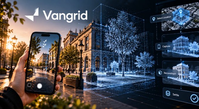 A promotional graphic for 'Vangrid' showing a hand holding a smartphone capturing a street scene, with a digital 3D reconstruction overlay and a workflow menu including 'Select Location', 'Capture', 'Reconstruct', and 'Settle'.