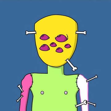 A crude digital drawing depicts a yellow-masked figure with multiple eyes pierced by bone-like objects, featuring a stitched-together green and pink body.