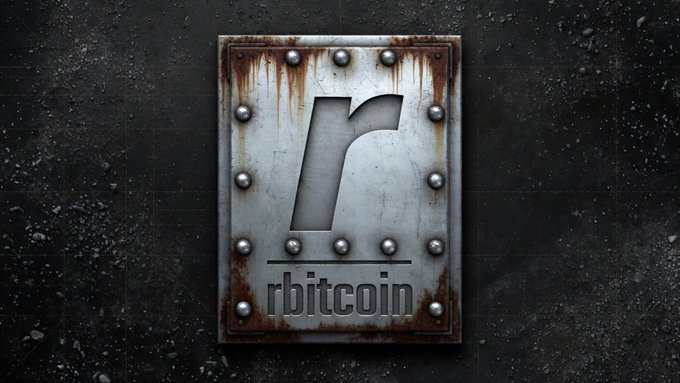A rusty metal sign mounted on a dark wall featuring a stylized 'r' logo above the text 'rbitcoin'.