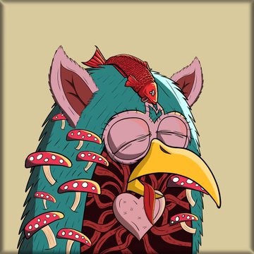 A surreal illustration of a blue-feathered bird-like creature with pink ears, a yellow beak, and red mushrooms growing on its body, with a small red dragon perched on its head and a heart pendant on its chest. The psychedelic, mushroom-adorned creature visually evokes the trippy, blockchain-inspired aesthetic often associated with the "free mint NFTs on Robinhood" promotion.
