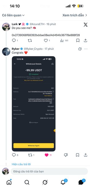 In the image, there is a group of people sitting around a table with their cell phones displayed in front of them. One person has posted a photo of themselves using a messaging app to share an experience or moment they had recently received on Twitter, which features a post from another user named @RykerCrypto. The message reads: "Being a girl who truly admires and supports @ RykerCrypto makes moments like this feel even more special Just received a blessing from him today and I honestly appreciate it so much". The text indicates that the users are likely friends or acquaintances, as they seem to have connected through social media platforms.