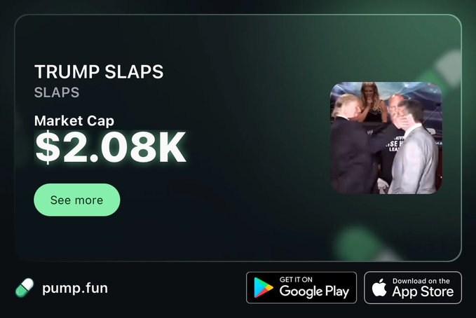 A pump.fun advertisement promoting a meme token called "TRUMP SLAPS" with a market cap of $2.08K, featuring a thumbnail image of Donald Trump appearing to slap Elon Musk, with the accompanying link directing users to the token's pump.fun page.