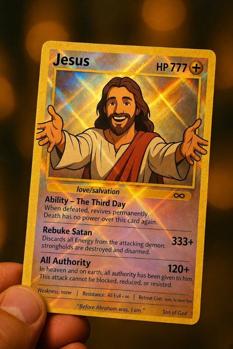 The image shows a Pokémon-style trading card featuring Jesus with HP 777, labeled with abilities "love/salvation," "The Third Day" (auto-resurrect), "Rebuke Satan" (333+ damage), and "All Authority" (120+ unresistable damage), with the quote "Before Abraham was, I am." The meme humorously treats Jesus as the ultimate "god-tier" game card whose possession guarantees an eternal win, playing on Pokémon collecting tropes by making faith itself the unbeatable trump card.