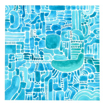 A vibrant watercolor abstract artwork in shades of blue and turquoise, featuring an intricate arrangement of organic shapes, dots, and curved lines that create a textured, mosaic-like pattern. The flowing, interconnected forms evoke the sequential, layered nature of "Ordinals," mirroring how the artwork's repeating motifs build upon one another in a harmonious composition.