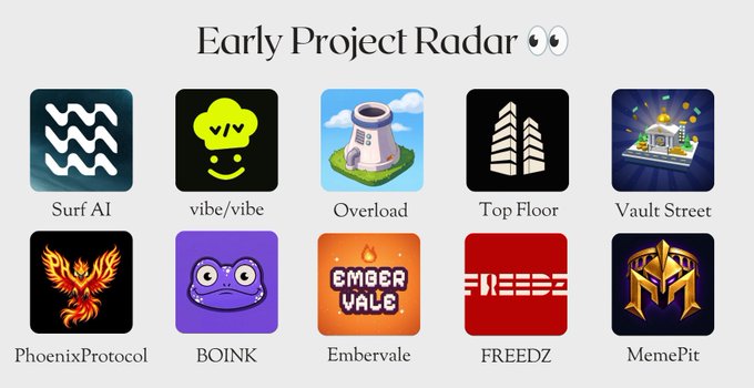 The image displays a "Early Project Radar" grid featuring 10 crypto/NFT project logos with their names: Surf AI, vibe/vibe, Overload, Top Floor, Vault Street, PhoenixProtocol, BOINK, Embervale, FREEDZ, and MemePit, which corresponds to the post highlighting early-stage projects to watch with limited supplies (6,666, 888, 1,000, and 2,000 units mentioned).