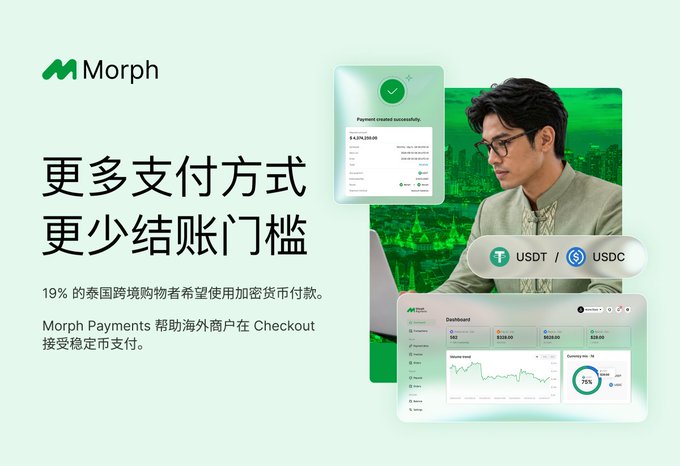 An advertisement for Morph Payments featuring a man at a laptop, showcasing a payment confirmation screen and a dashboard, with Chinese text '更多支付方式 更少结账门槛' and USDT/USDC labels.