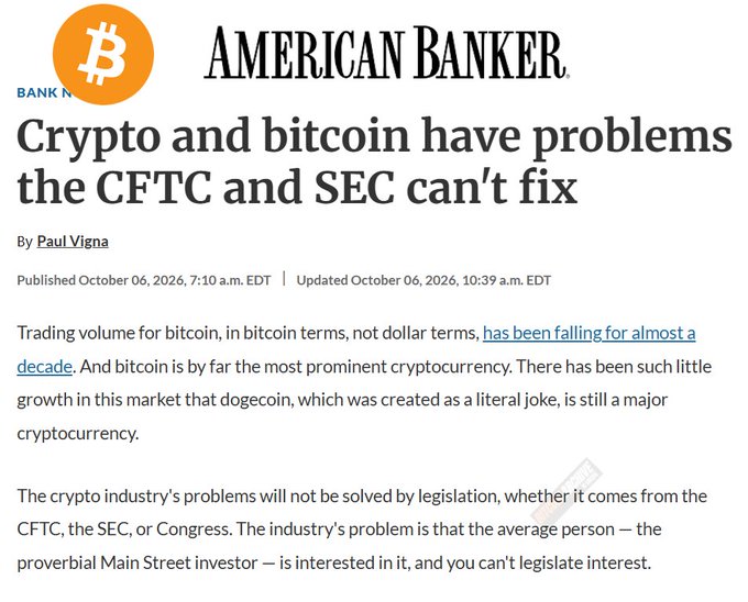 The image shows an American Banker article titled "Crypto and bitcoin have problems the CFTC and SEC can't fix" by Paul Vigna, which argues that crypto's trading volume has been declining for nearly a decade and that regulatory bodies cannot legislate Main Street interest in the industry.

The accompanying post appears to be mocking the article's claims, dismissing the publication's perspective as "cope" and highlighting perceived contradictions between American Banker's bearish narrative and Bitcoin's actual adoption, citing $100B+ in ETFs as evidence of the cryptocurrency's success.