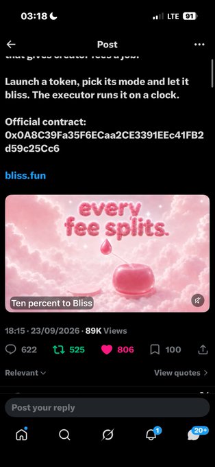 A mobile screenshot of a social media post discussing a crypto token launch with an official contract address (0x0A8C39Fa35F6ECaa2CE3391EEc41FB2d59c25Cc6) and a pink cherry-themed graphic stating 'Ten percent to Bliiss' under the handle bliss.fun.