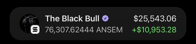 A screenshot displaying a crypto wallet or portfolio entry labeled "The Black Bull" showing a balance of 76,307.62444 ANSEM tokens valued at $25,543.06 with a notable gain of +$10,953.28, likely shared to verify holdings in response to the request to "drop your solana address" for receiving $ANSEM tokens.
