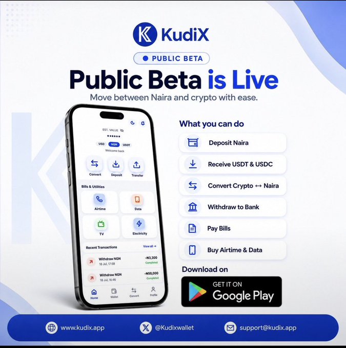 A promotional graphic for the KudiX wallet's Public Beta launch, featuring a smartphone mockup displaying the app interface alongside key features like "Deposit Naira," "Receive USDT & USDC," and "Convert Crypto ↔ Naira," with a call-to-action to download on Google Play. The image visually reinforces the post's message by showcasing the all-in-one solution for managing Naira and crypto transactions in a single app.