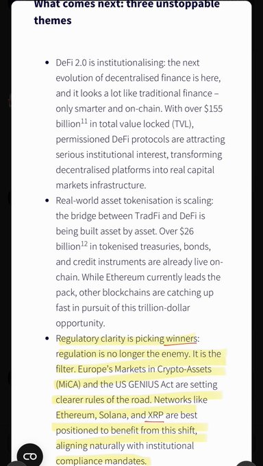 The image displays a section titled "What comes next: three unstoppable themes" discussing institutional DeFi with $155 billion TVL, $26 billion in tokenized real-world assets, and a highlighted bullet noting regulatory clarity benefiting networks like Ethereum, Solana, and XRP under the EU MiCA and US GENIUS Act frameworks, directly supporting the post's claim about regulation favoring XRP.