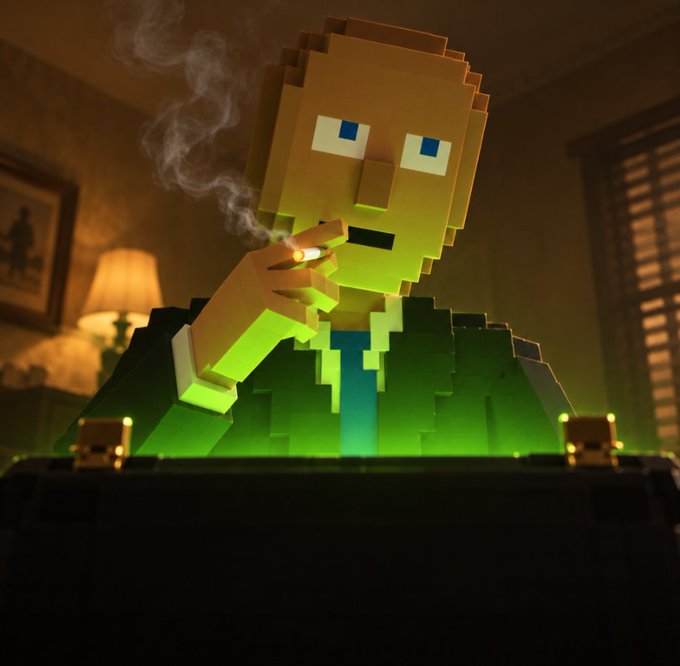 A blocky, Minecraft-style figure in a suit smokes a cigarette while staring intensely at a briefcase bathed in eerie green light, capturing the noir-esque "Eyes on the prize" focus and the ticking-clock tension implied by the caption.