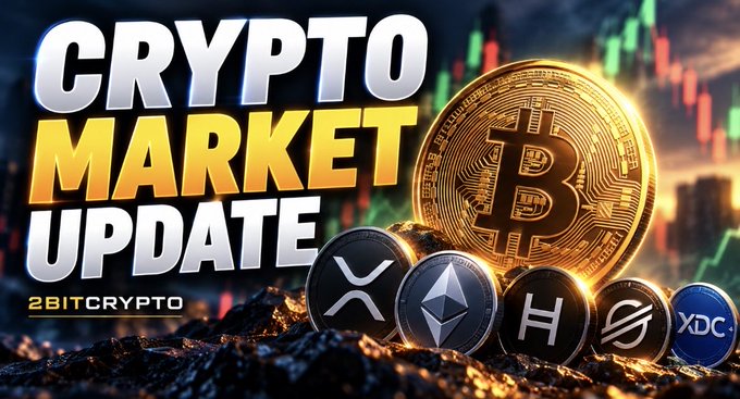 A promotional banner reading 'CRYPTO MARKET UPDATE' by 2BITCRYPTO, featuring Bitcoin, XRP, Ethereum, HBAR, SOL, and XDC coins against a chart of red and green candlesticks.