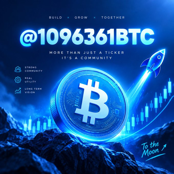 A promotional graphic for @1096361BTC featuring a Bitcoin coin, a rocket ship, and the slogan 'Build x Grow x Together' and 'To the Moon'.