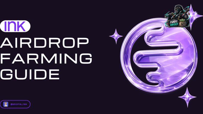 The image features an advertisement for an ink drop farming guide, which is a guide that teaches people about how to farm with ink drops. The background of the image is purple, and there are stars surrounding the title "INK Airdrop Farming Guide". There's also a small logo in the bottom right corner of the image.
