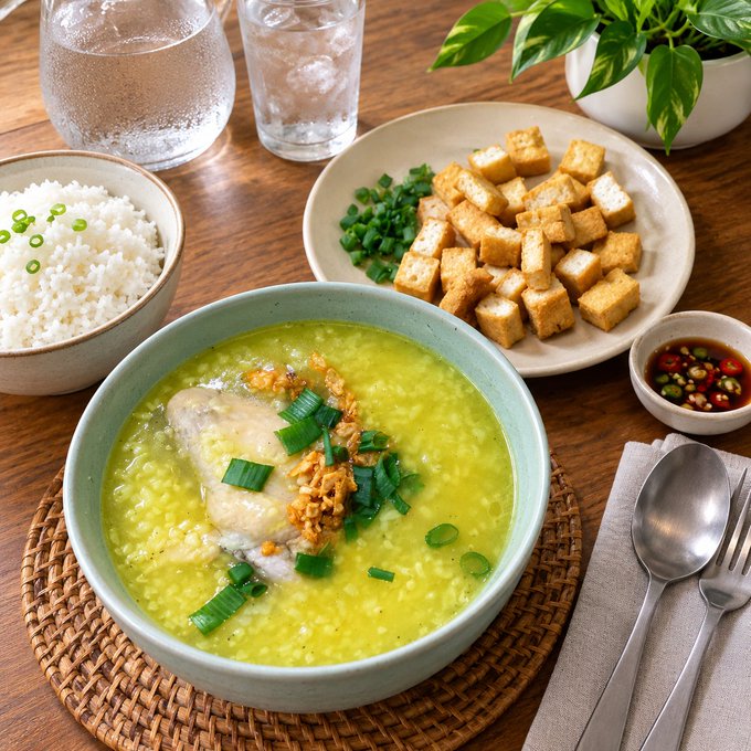 A bowl of yellow chicken porridge (lugaw) garnished with crispy garlic and green onions is served with steamed rice, fried tofu cubes, chopped scallions, and a chili dipping sauce.