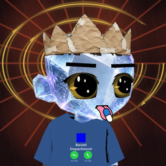 A digital illustration of an icy, crystal-headed anime character with large expressive eyes, wearing a paper crown and a blue 'Based Department' t-shirt with 'Accept' buttons.