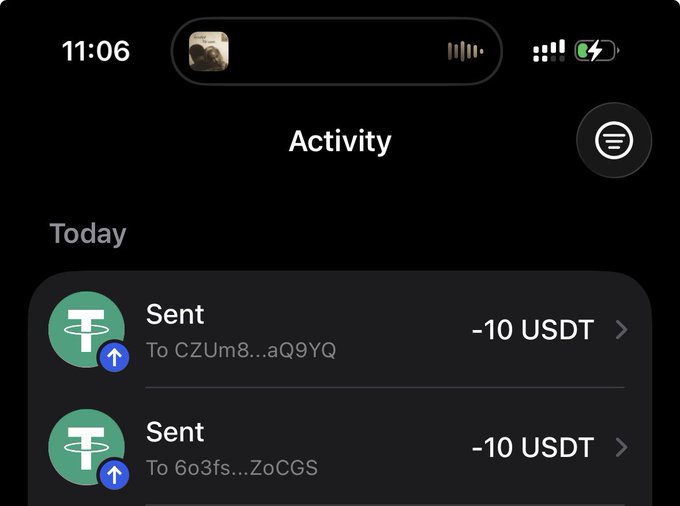 A mobile phone screenshot showing an 'Activity' page with two USDT (Tether) transactions of -10 USDT each being sent to different addresses.
