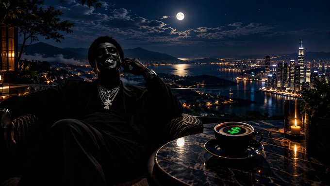 A shadowy figure sits on a balcony overlooking a glowing cityscape by the bay under a full moon, with a marble table holding a cup of green matcha and a lit candle beside him. The serene night scene mirrors the calm, contemplative mood of checking notifications and scrolling through Twitter with coffee in hand.