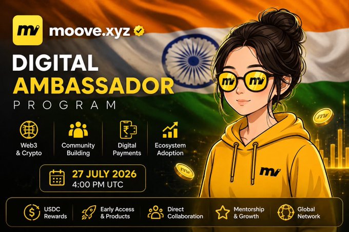 A promotional graphic for the moove.xyz Digital Ambassador Program, featuring an anime-style character in a yellow hoodie and 'mv' glasses against the Indian flag, dated 27 July 2026 at 4:00 PM UTC, with categories like Web3 & Crypto, Community Building, Digital Payments, and Ecosystem Adoption.