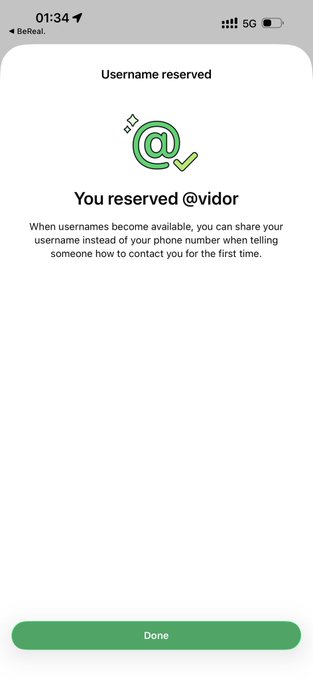 Screenshot showing a username reservation confirmation for '@vidor' on the BeReal app, with text explaining that the username will be used instead of a phone number for contact.