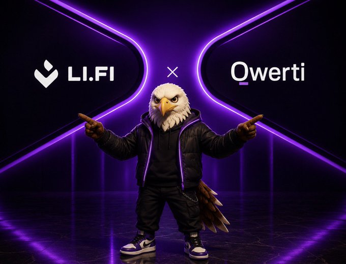 The image features an eagle statue wearing a black jacket with purple accents and holding up two fingers as if giving a thumbs-up sign. The background of the image is dark purple, and there are logos for Lifiprotocol and @QwertiAI visible in the scene.