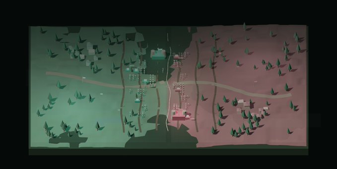 A pixelated top-down view of what appears to be a battlefield or game map, split between green and pink/reddish areas with scattered units, trees, and structures indicating opposing forces.