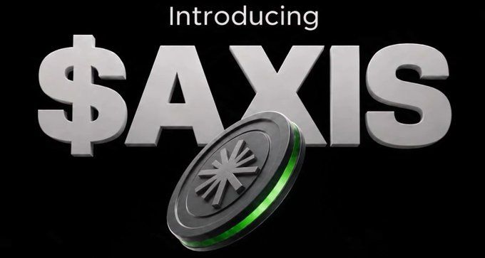 A 3D graphic on a black background introducing '$AXIS' with a stylized silver and green coin featuring an asterisk-like symbol in the foreground.
