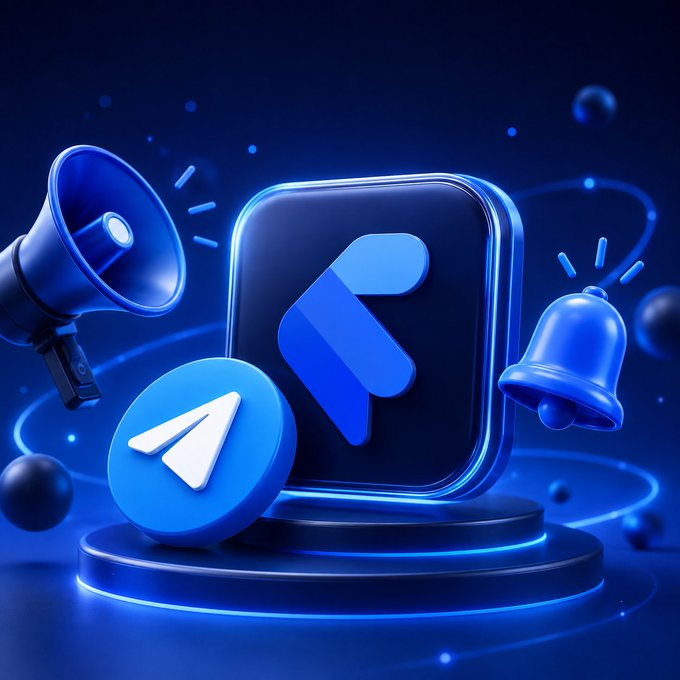 A 3D-rendered blue composition features the FaucetPay logo on a rounded square app icon, accompanied by the Telegram paper plane icon, a megaphone, and a ringing bell—all set on a glowing pedestal. The visual elements directly reinforce the post's call to action, symbolizing communication, alerts, and the invitation to enable notifications on FaucetPay's official Telegram announcements channel.