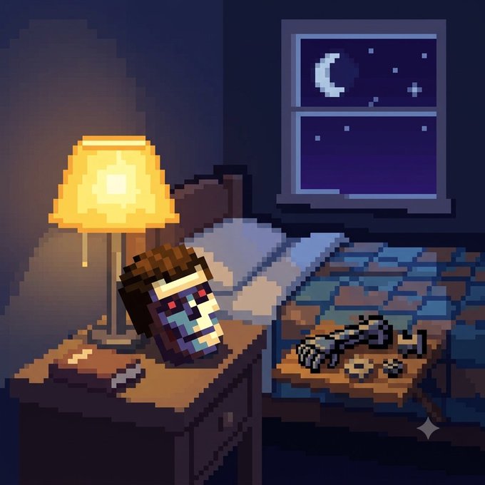 Pixel art illustration of a horror scene featuring a severed head on a bedside table next to a glowing lamp, with a bed and window showing a moonlit night sky.